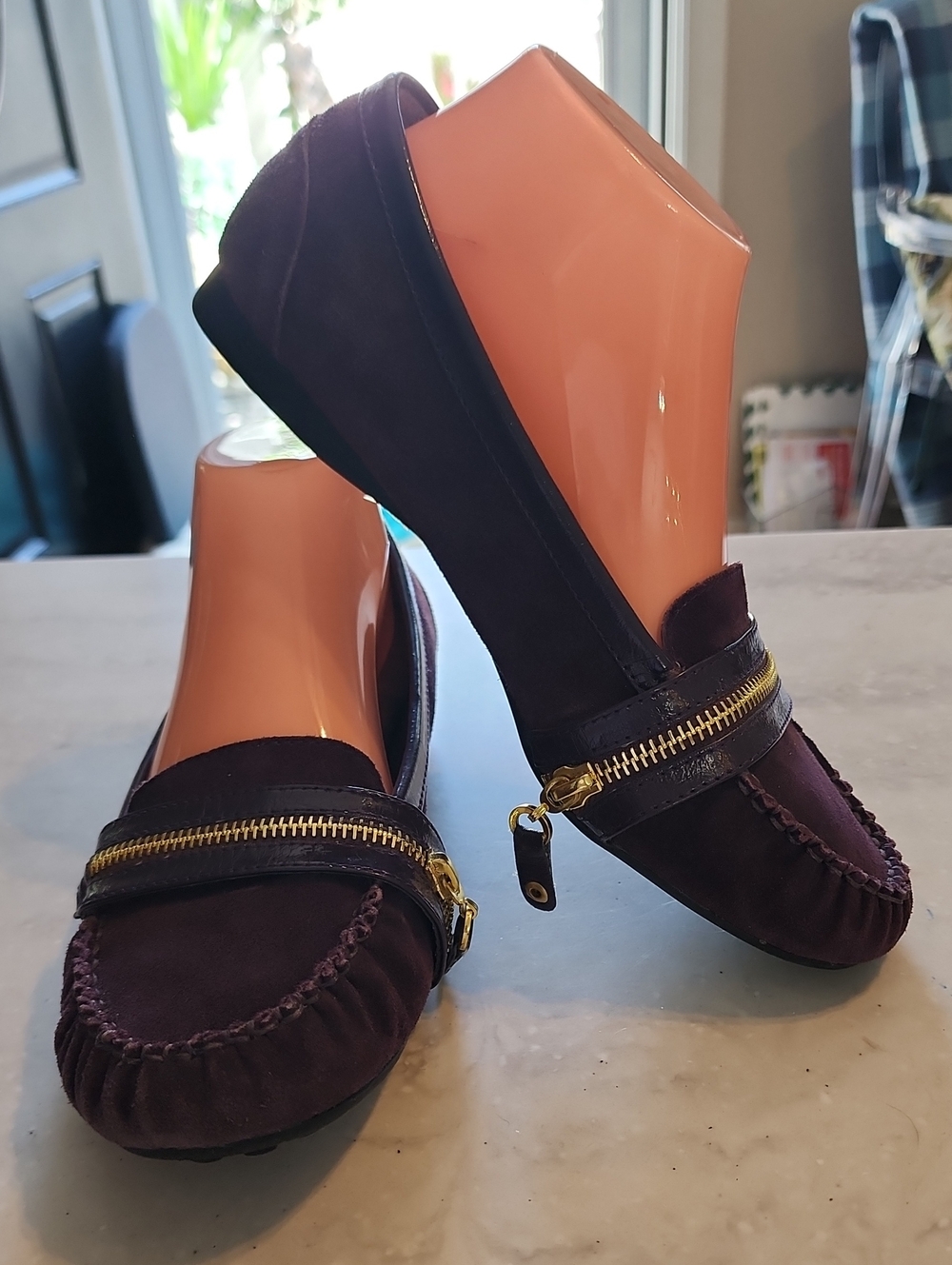 9 Women's Suede Loafers with Gold Zipper - Purple